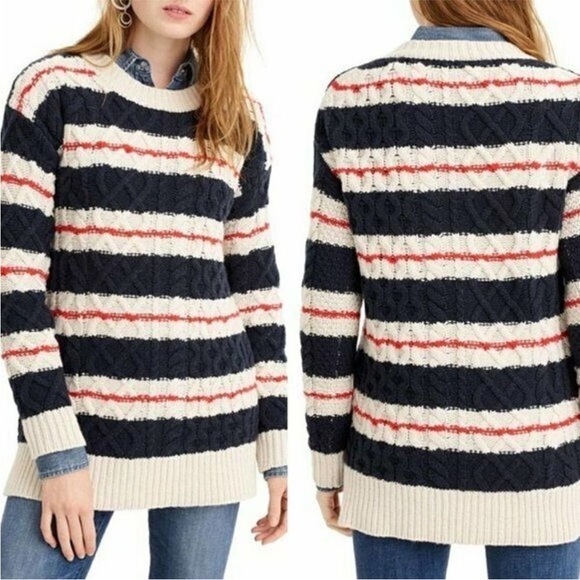 J. Crew Sweaters - J. Crew Blue Stripe Merino Wool Blend Gabby Cable Knit Tunic Sweater  MEDIUM NWT